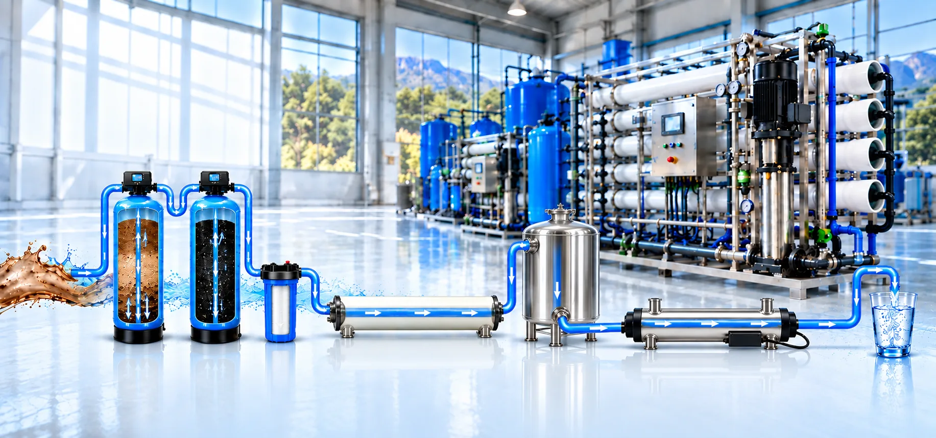 Puritech water-treatment stages with sand and carbon FRP vessels, a 20-inch Big Blue filter, 4040 reverse-osmosis membrane, pure-water tank, 55-watt UV steriliser and clean-water glass
